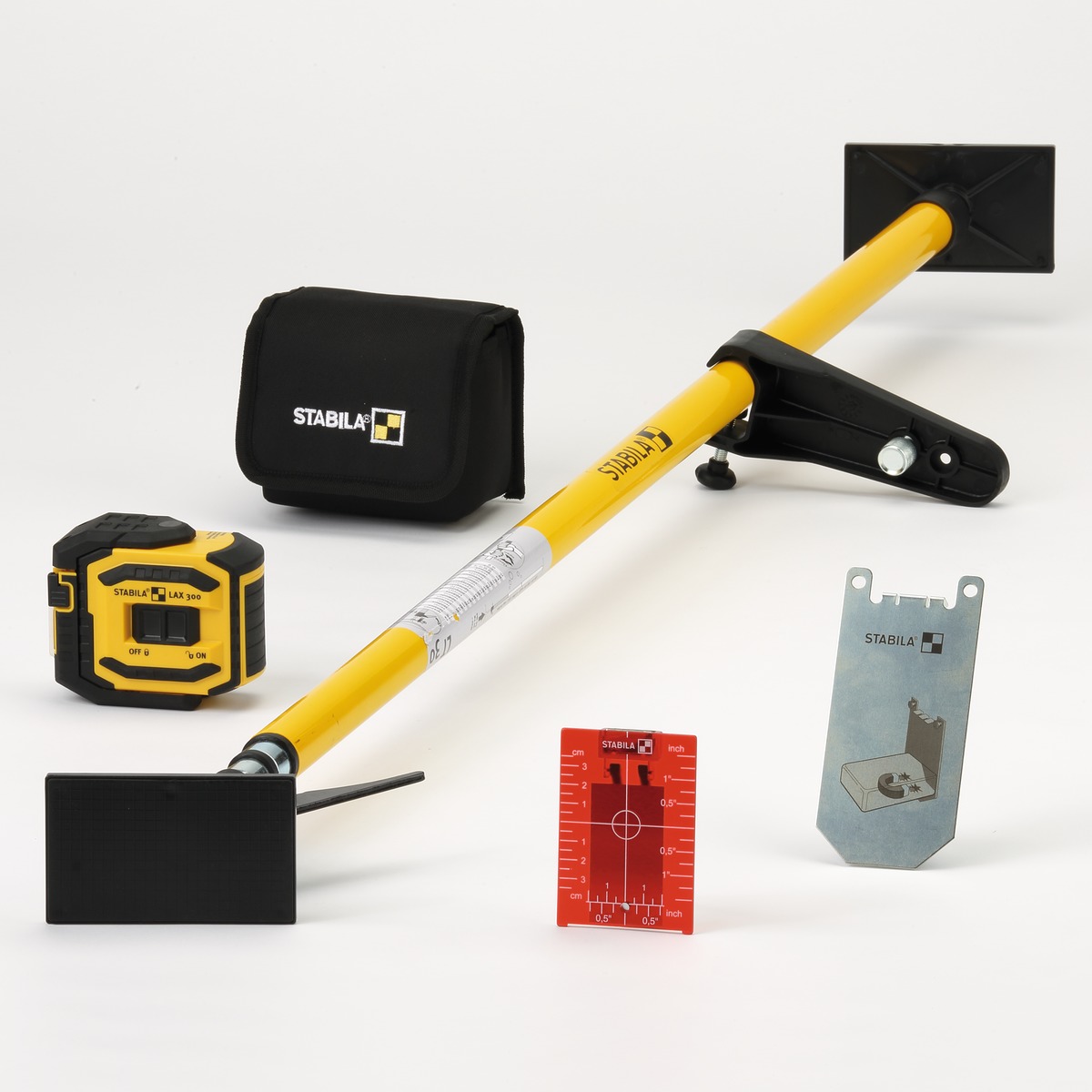 STABILA Kreuzlinienlaser LAX 300, 5-teiliges Set, selbstnivellierend, scharfe Laser-Linien mit Lotpunkten, Reichweite bis 20 m, Schutzklasse IP 54, inklusive Teleskopstange LT 30