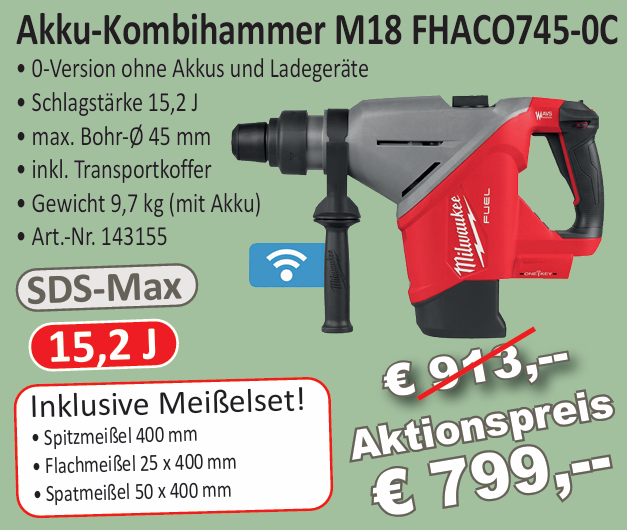 AKTION: Milwaukee Akku-Kombihammer M18 FHACO745-0C inkl. Meißelset 400 mm