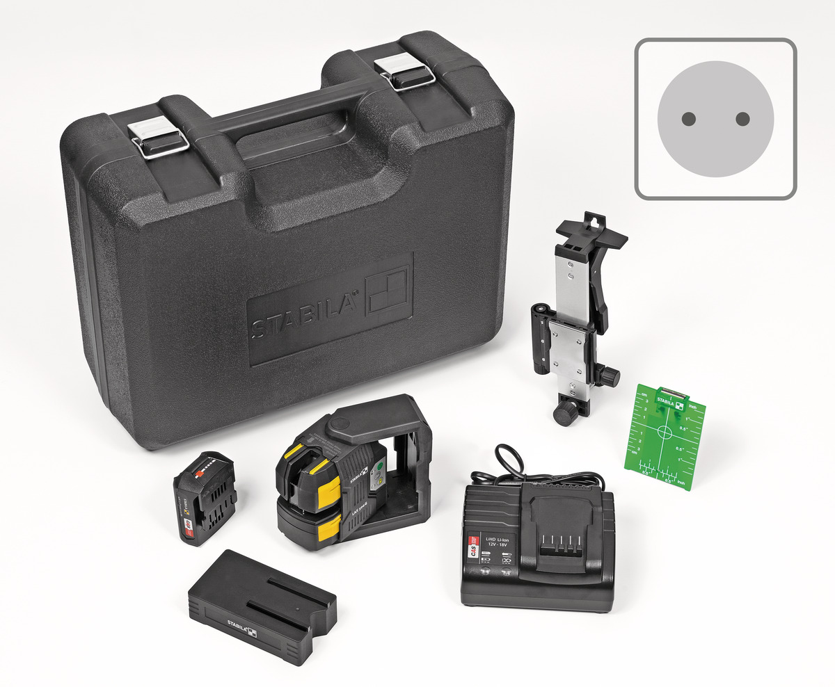 STABILA 12-V-System Kreuzlinienlaser grün LAX 500 G, selbstnivellierend, mit Lotpunkten, max. Reichweite: 40 m, CAS-Akku und CAS-Ladegerät (EU), Laserbasis, Wandhalterung, Zielplatte, Tragekoffer