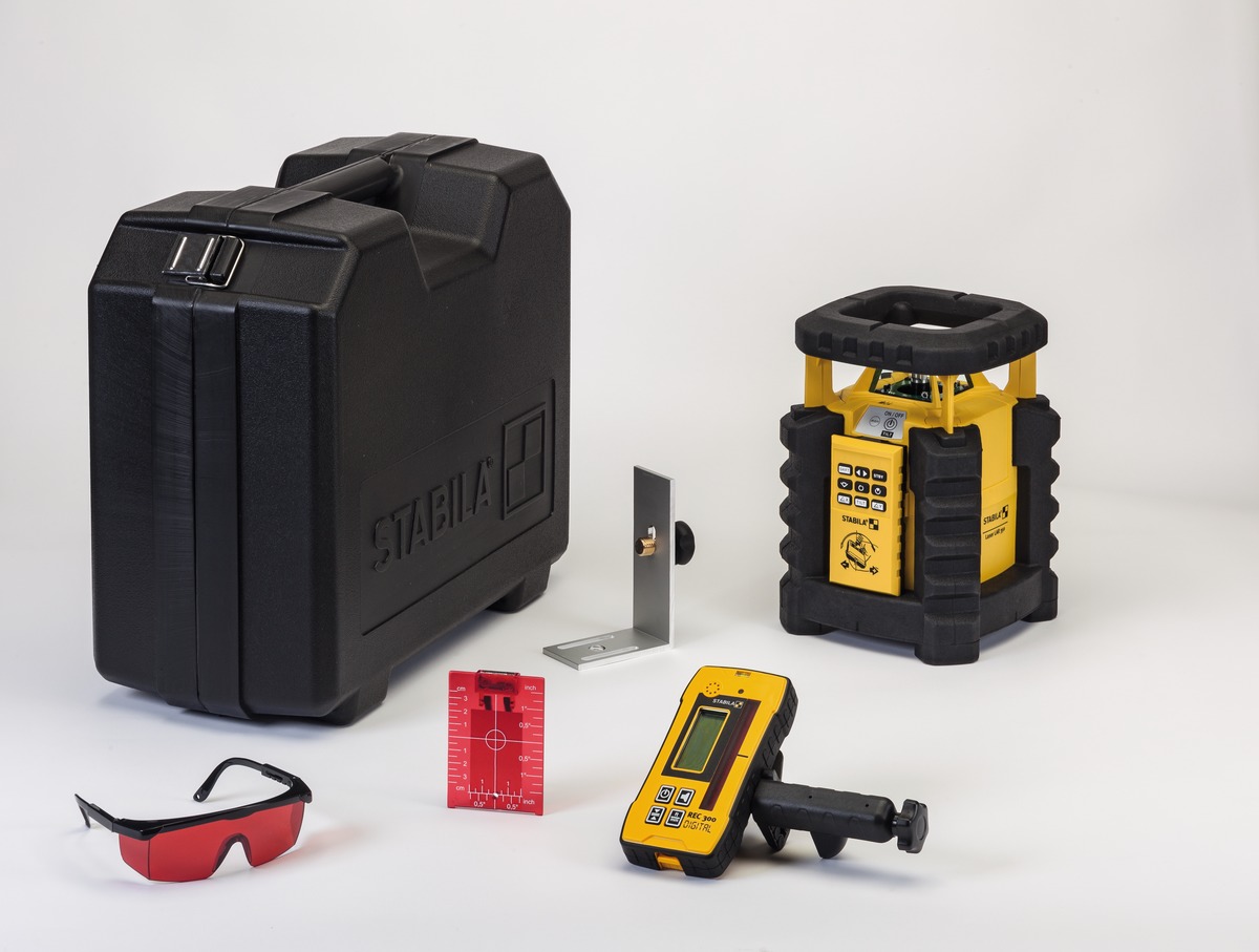 STABILA Rotationslaser LAR 350, 7-teil. Set, selbstnivellierend, manuelle 2-Achsen-Neigung, motorgesteuert, Fernbedienung mit Bewegungssteuerung, wasser- und staubdicht nach IP 65, inkl. Receiver