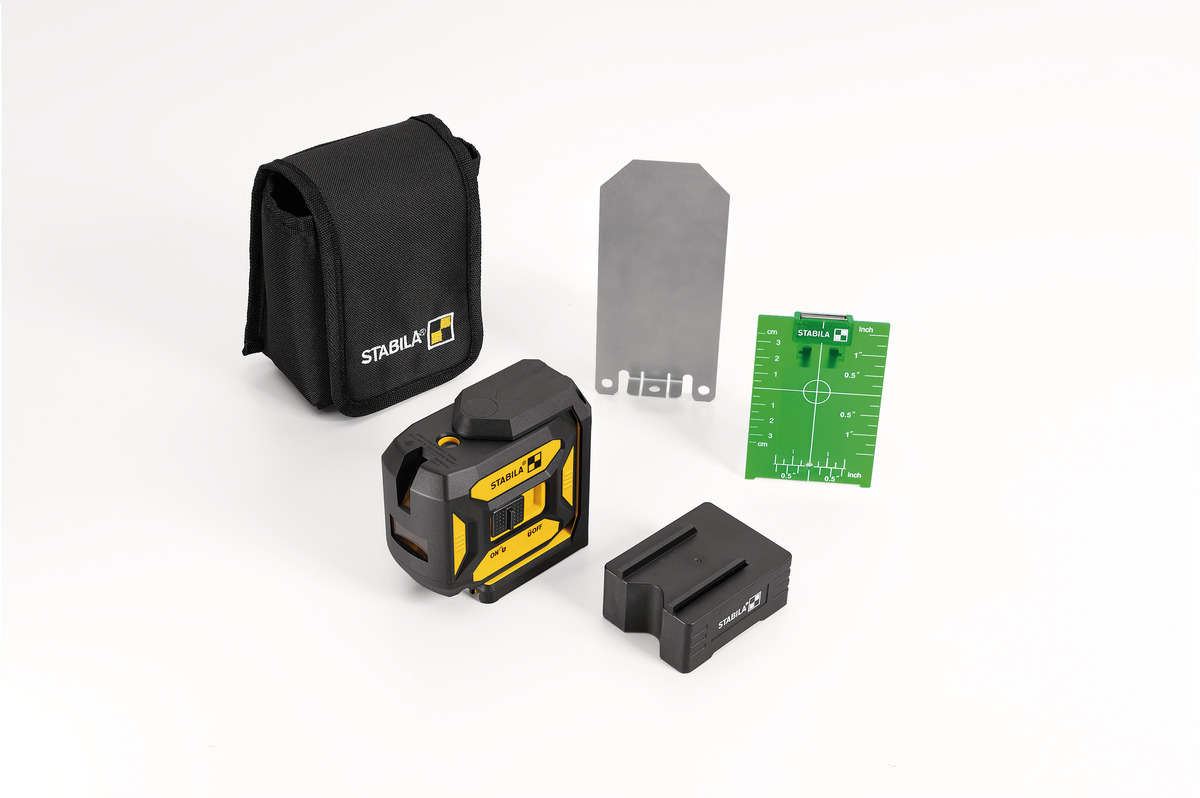 STABILA Kreuzlinienlaser grün LAX 320 G, selbstnivellierend, mit Lotpunkten, max. Reichweite: 30 m, Set inkl. Laserbasis, Wandhalterung, Zielplatte, Gürteltasche, Batterien (3 x AA)