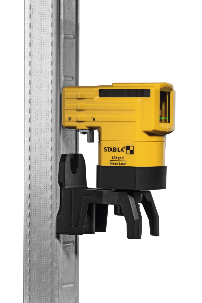 STABILA Kreuzlinienlaser LAX 50 G, 3-teiliges Set, selbstnivellierend, helle grüne Laser-Linien, Reichweite bis 30 m, Einknopfsystem, Schutzklasse IP 53, Mehrzweckplattform, Tasche