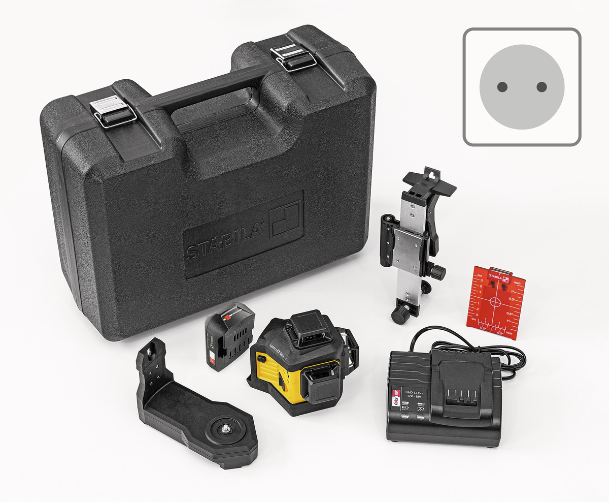 STABILA 12-V-System Kreuzlinienlaser LAX 600, selbstnivellierend, 3 x 360° rote Laserlinien, max. Reichweite: 30 m, CAS-Akku und -Ladegerät (EU), Universal- und Wandhalterung, Tragekoffer