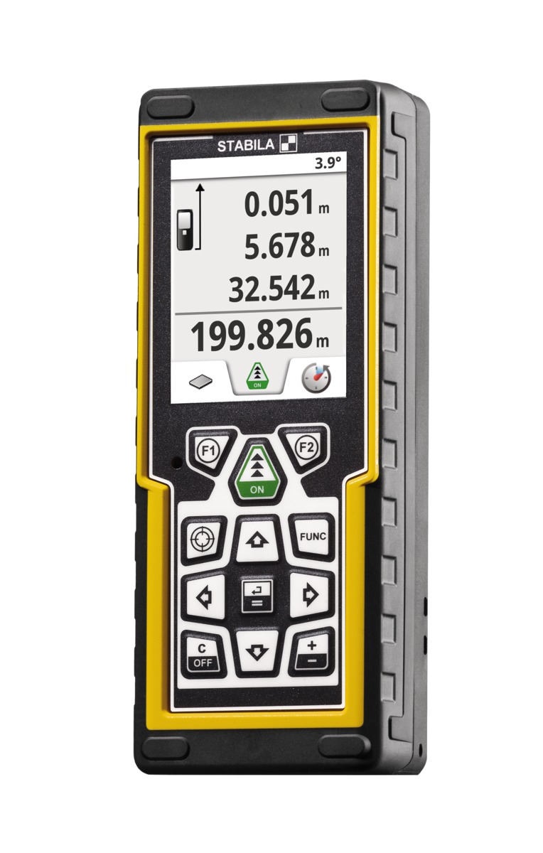 STABILA Laser-Entfernungsmesser LD 520, digitale Zielerfassung, Bluetooth Smart 4.0, max. Messbereich 200 m, 18 Funktionen (u. a. Neigungsmesser), IP 54, Tasche, Handschlaufe, inkl. Batterien (2 x AA)