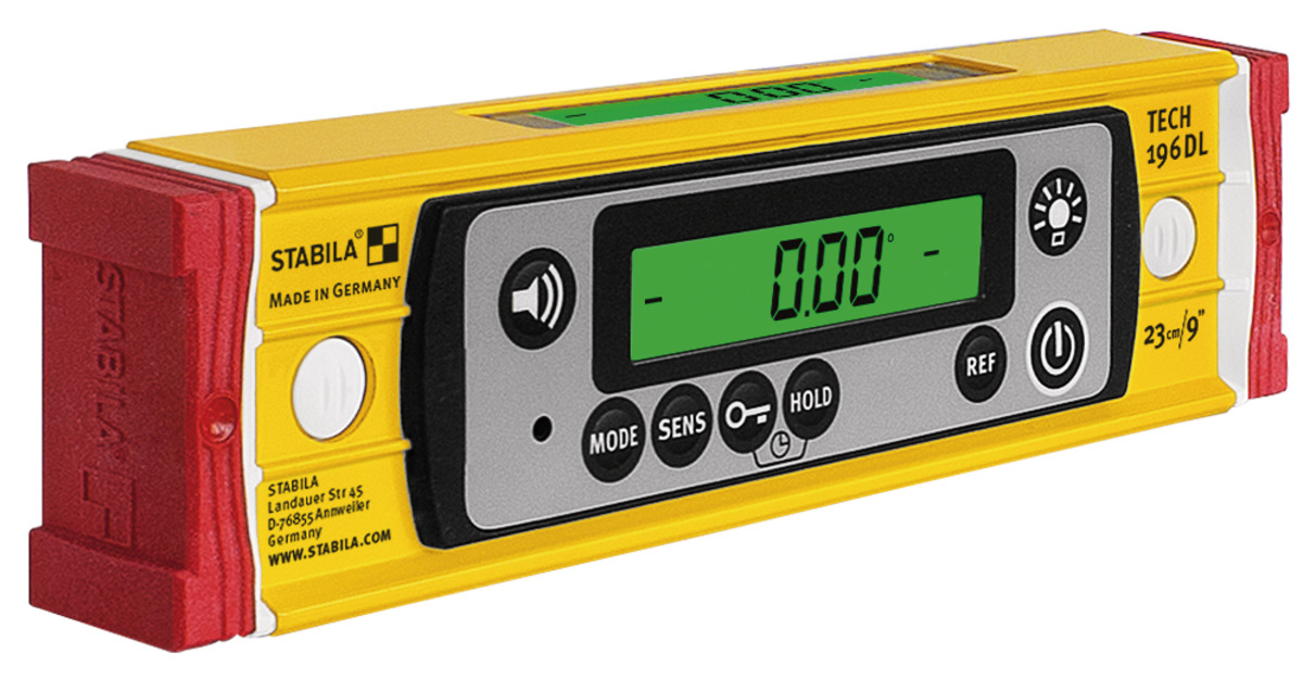 STABILA Digitale Wasserwaage TECH 196 DL, 23 cm, wasser- und staubdicht nach IP 67, 2 Digital-Displays, kalibrationsfrei, Anzeige-Modi: °, %, mm/m, in/ft, Tasche