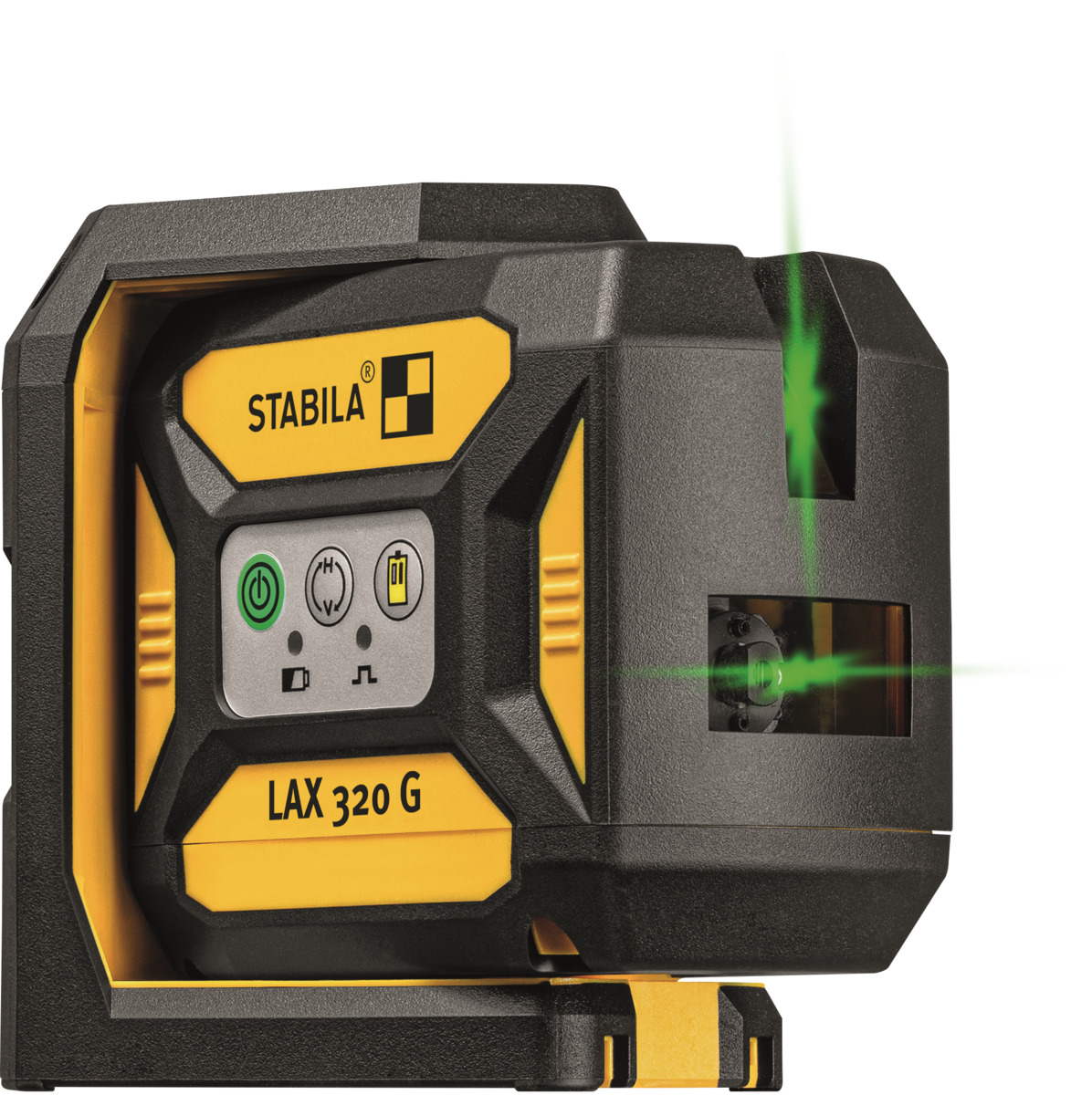 STABILA Kreuzlinienlaser grün LAX 320 G, selbstnivellierend, mit Lotpunkten, max. Reichweite: 30 m, Set inkl. Laserbasis, Wandhalterung, Zielplatte, Gürteltasche, Batterien (3 x AA)