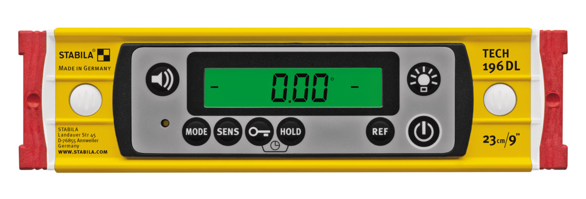 STABILA Digitale Wasserwaage TECH 196 DL, 23 cm, wasser- und staubdicht nach IP 67, 2 Digital-Displays, kalibrationsfrei, Anzeige-Modi: °, %, mm/m, in/ft, Tasche