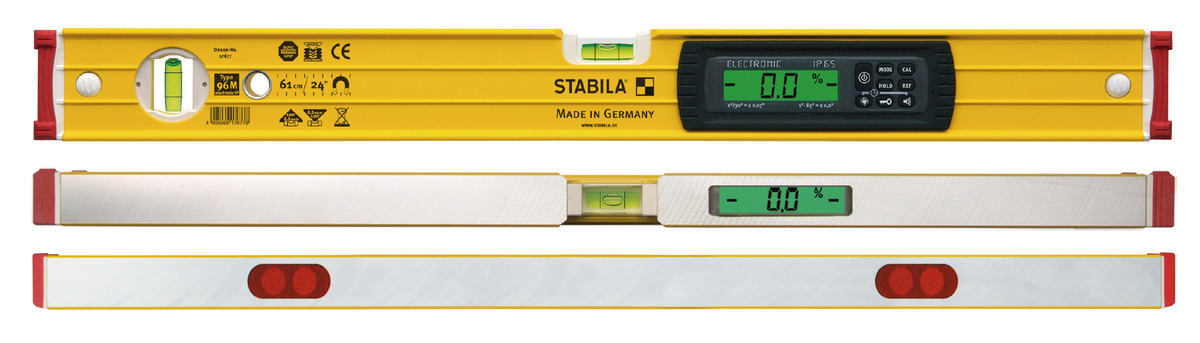 STABILA Elektronische Magnet-Wasserwaage TECH 196 M, 61 cm, 2 Digital-Displays, Messbereich: 0° – 360° (4 x 90°), Anzeige-Modi: °, %, mm/m, in/ft, Schutzklasse IP 65, Seltenerd-Magnetsystem, Tasche