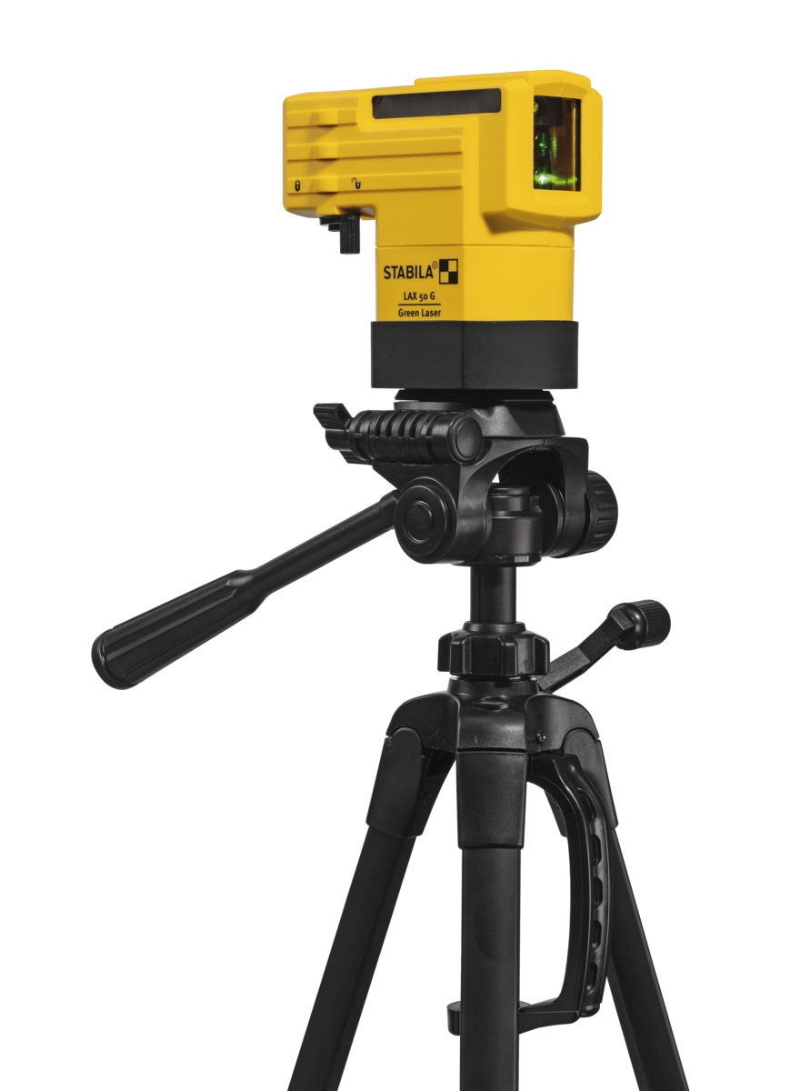 STABILA Kreuzlinienlaser LAX 50 G, 3-teiliges Set, selbstnivellierend, helle grüne Laser-Linien, Reichweite bis 30 m, Einknopfsystem, Schutzklasse IP 53, Mehrzweckplattform, Tasche