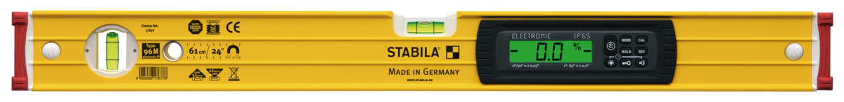 STABILA Elektronische Magnet-Wasserwaage TECH 196 M, 61 cm, 2 Digital-Displays, Messbereich: 0° – 360° (4 x 90°), Anzeige-Modi: °, %, mm/m, in/ft, Schutzklasse IP 65, Seltenerd-Magnetsystem, Tasche