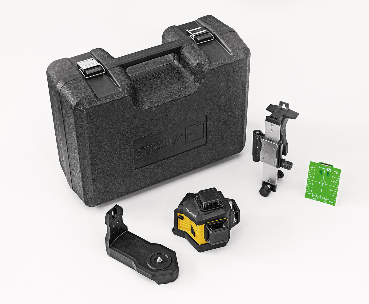 STABILA 12-V-System Kreuzlinienlaser LAX 600 G, selbstnivellierend, 3 x 360° grüne Laserlinien, max. Reichweite: 40 m, Tragekoffer, Universal- und Wandhalterung (ohne Akku und Ladegerät)