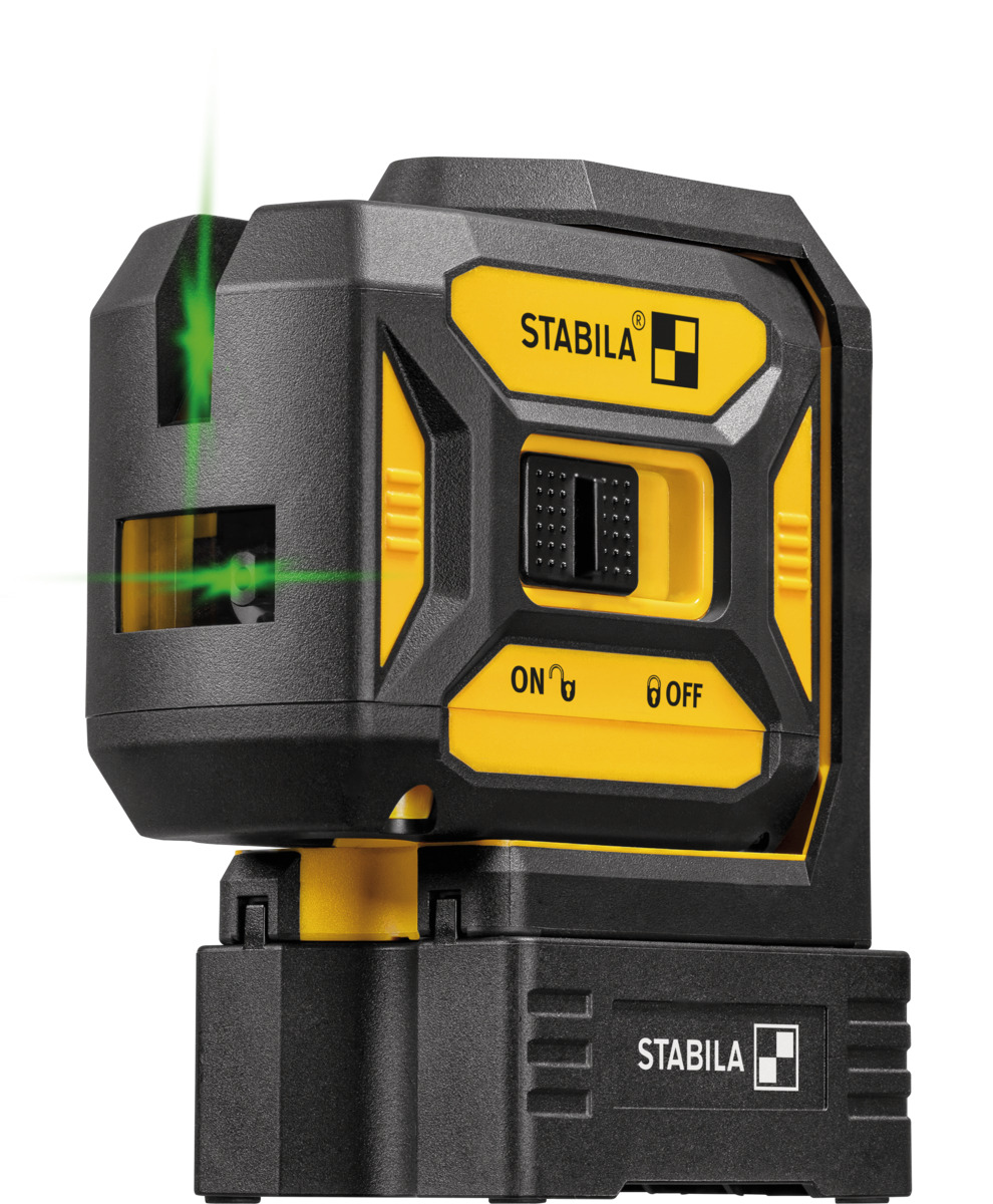 STABILA Kreuzlinienlaser grün LAX 320 G, selbstnivellierend, mit Lotpunkten, max. Reichweite: 30 m, Set inkl. Laserbasis, Wandhalterung, Zielplatte, Gürteltasche, Batterien (3 x AA)