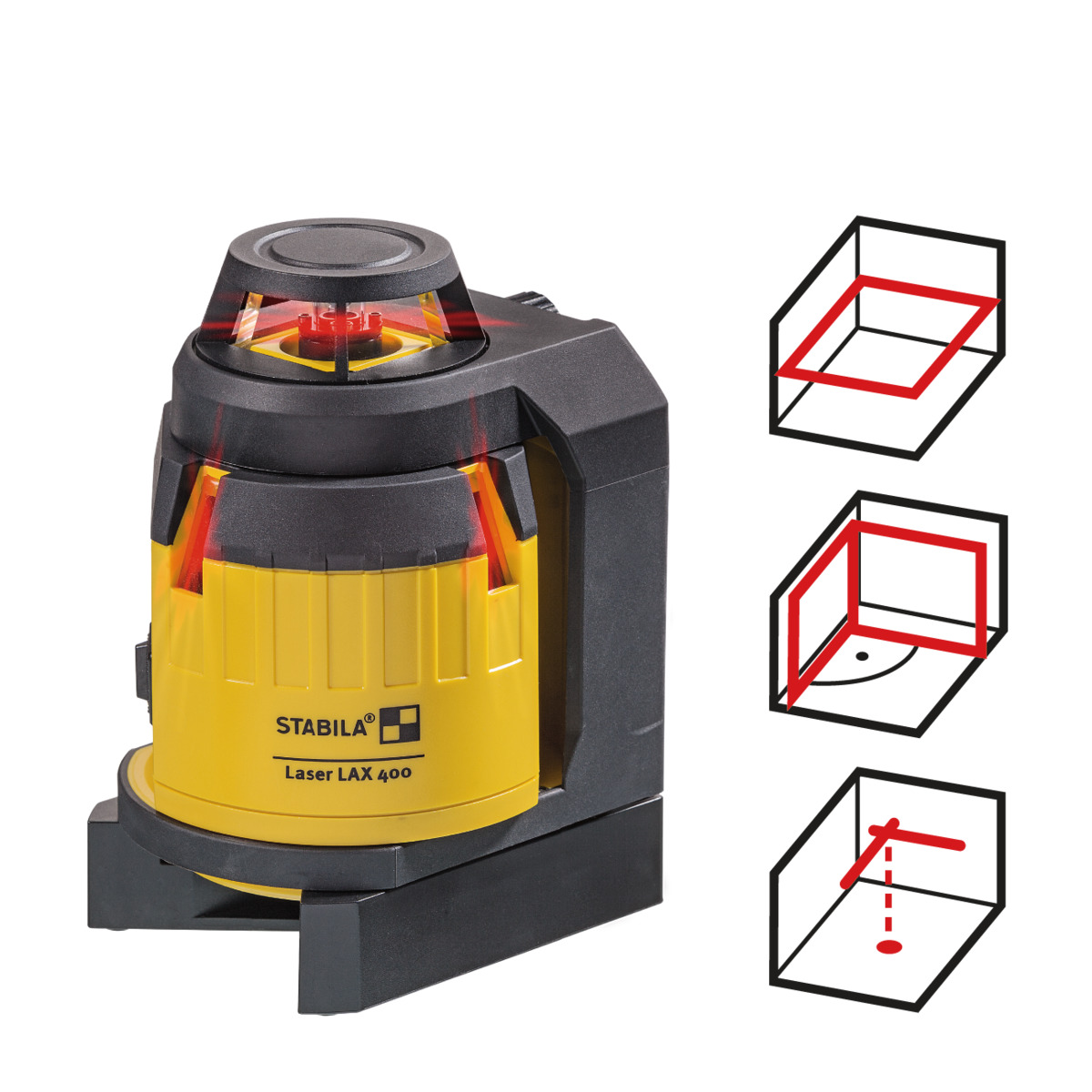 STABILA Kreuzlinienlaser LAX 400, selbstnivellierend, 360°-Horizontal-Linie, 2 Vertikal-Linien, Lotfunktion, Reichweite (sichtbare Linie): 20 m, Laser-Teleskopstütze, Tragekoffer