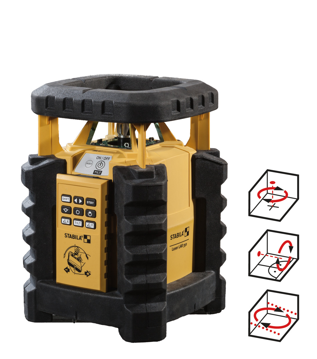 STABILA Rotationslaser LAR 350, 7-teil. Set, selbstnivellierend, manuelle 2-Achsen-Neigung, motorgesteuert, Fernbedienung mit Bewegungssteuerung, wasser- und staubdicht nach IP 65, inkl. Receiver