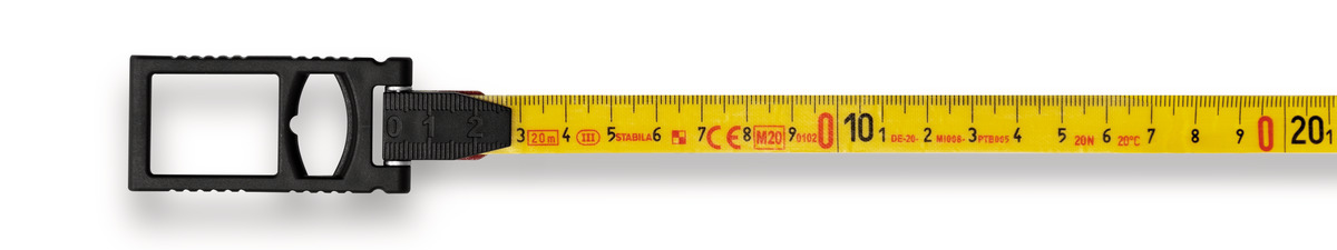 STABILA Kapselbandmaß LBM 2000 FIBREGLASS, 20 m, Glasfaser-Messband mit metrischer Skala und Knickschutz, Universalhaken, bruchsichere Kapsel, MID-Genauigkeit