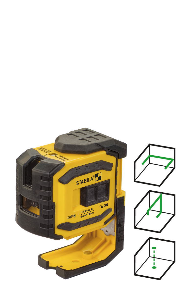 STABILA Kreuzlinienlaser LAX 300 G, 4-teiliges Set, selbstnivellierend, helle grüne Laser-Linien mit Lotpunkten, Reichweite bis 30 m, Schutzklasse IP 54, Zielplatte, Wandhalterung, Tasche