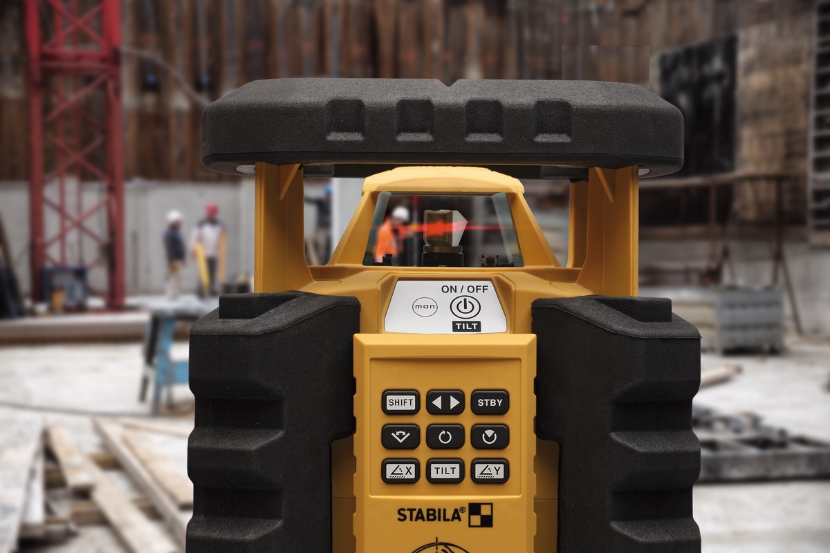 STABILA Rotationslaser LAR 350, 7-teil. Set, selbstnivellierend, manuelle 2-Achsen-Neigung, motorgesteuert, Fernbedienung mit Bewegungssteuerung, wasser- und staubdicht nach IP 65, inkl. Receiver